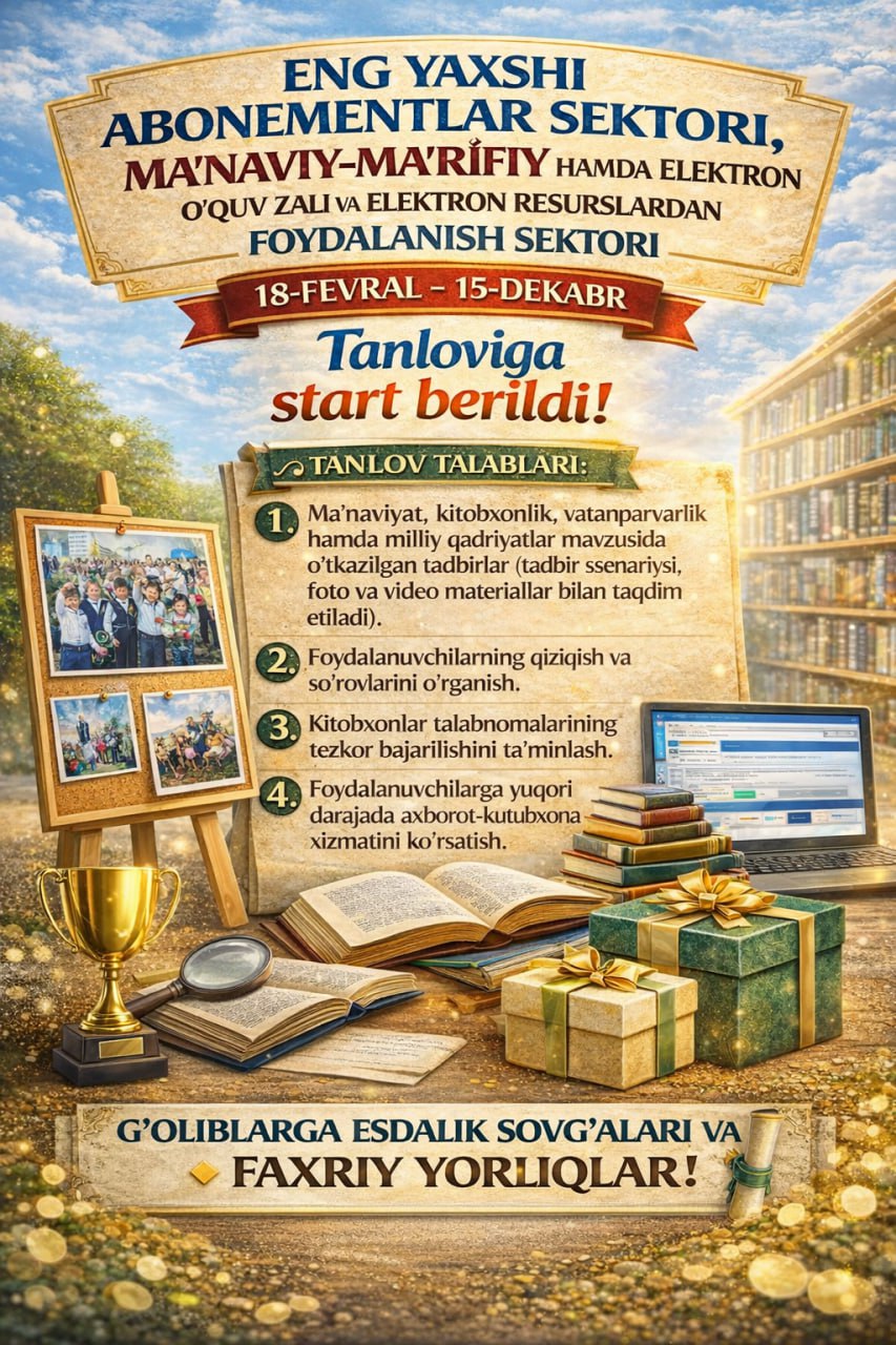 “Eng yaxshi abonementlar sektori, ma’naviy-ma’rifiy hamda elektron o‘quv zali va elektron resurslardan foydalanish sektori” tanloviga start berildi!