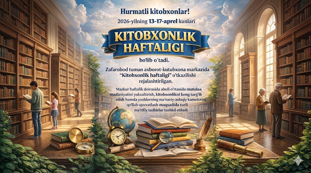 2026-yilning 13-17-aprel kunlari Zafarobod tumanida "Kitobxonlik haftaligi" bo‘lib o‘tadi.